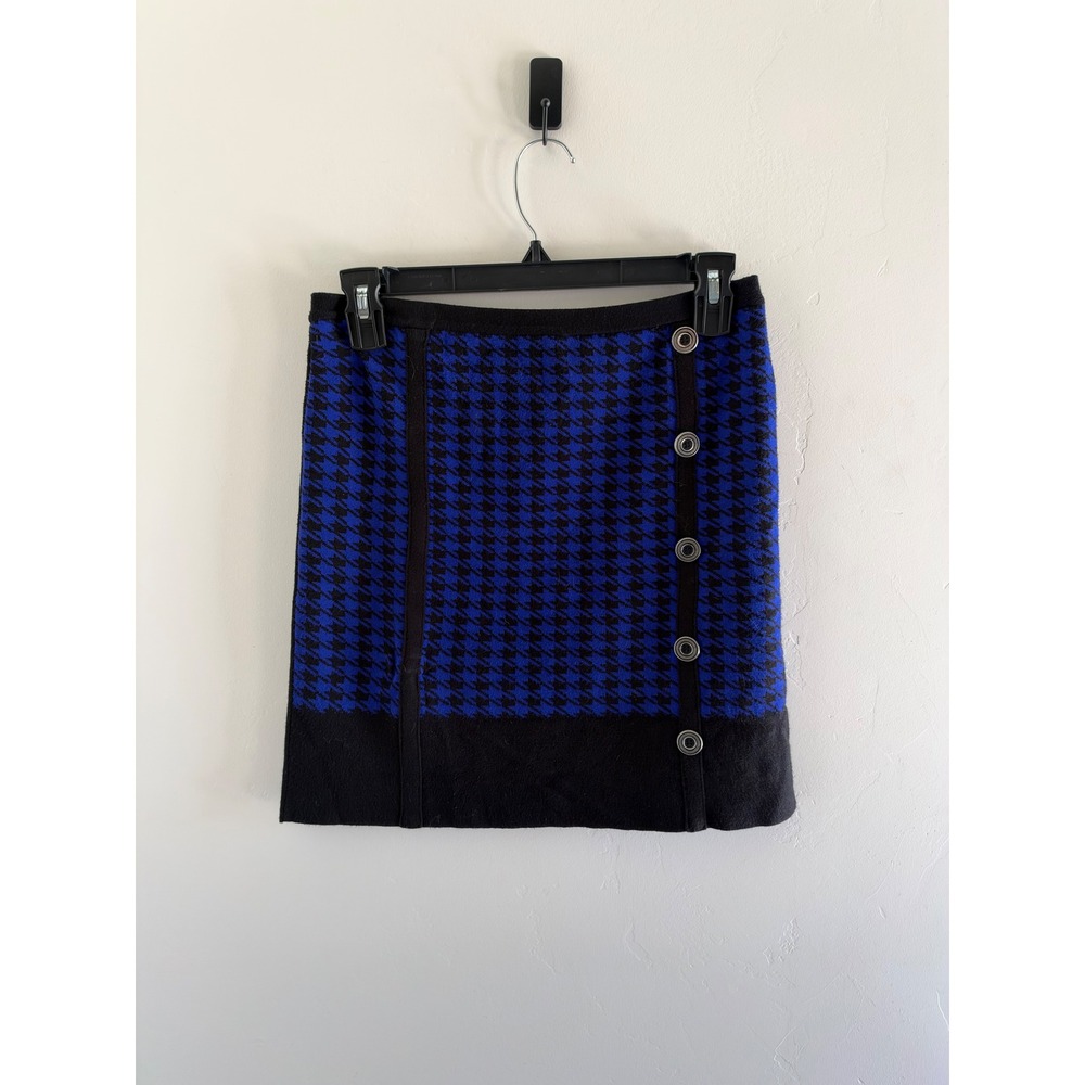YU.K. by S.G. Blue Black Houndstooth Knit Mini Skirt Button Detail Size T1 Small